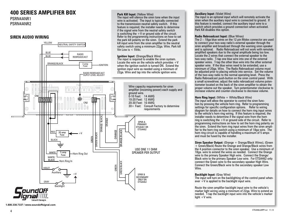 400 series amplifier box, Siren audio wiring, Psrn4anr1 psrn4anr2 | SoundOff Signal 400 Series Handheld Siren User Manual | Page 4 / 9