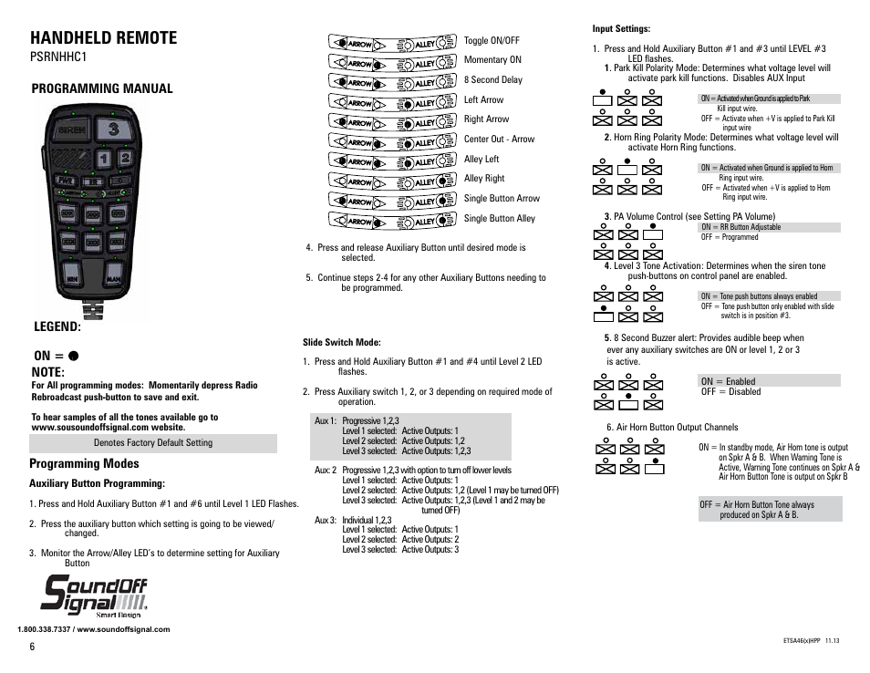 Handheld remote, Legend: on, Psrnhhc1 | Programming modes | SoundOff Signal 400 Series Handheld Siren User Manual | Page 6 / 9