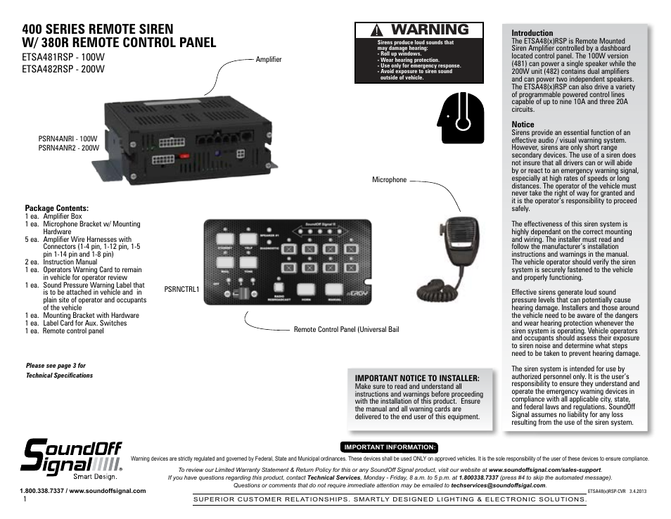 SoundOff Signal 400 Series Remote Siren User Manual | 2 pages