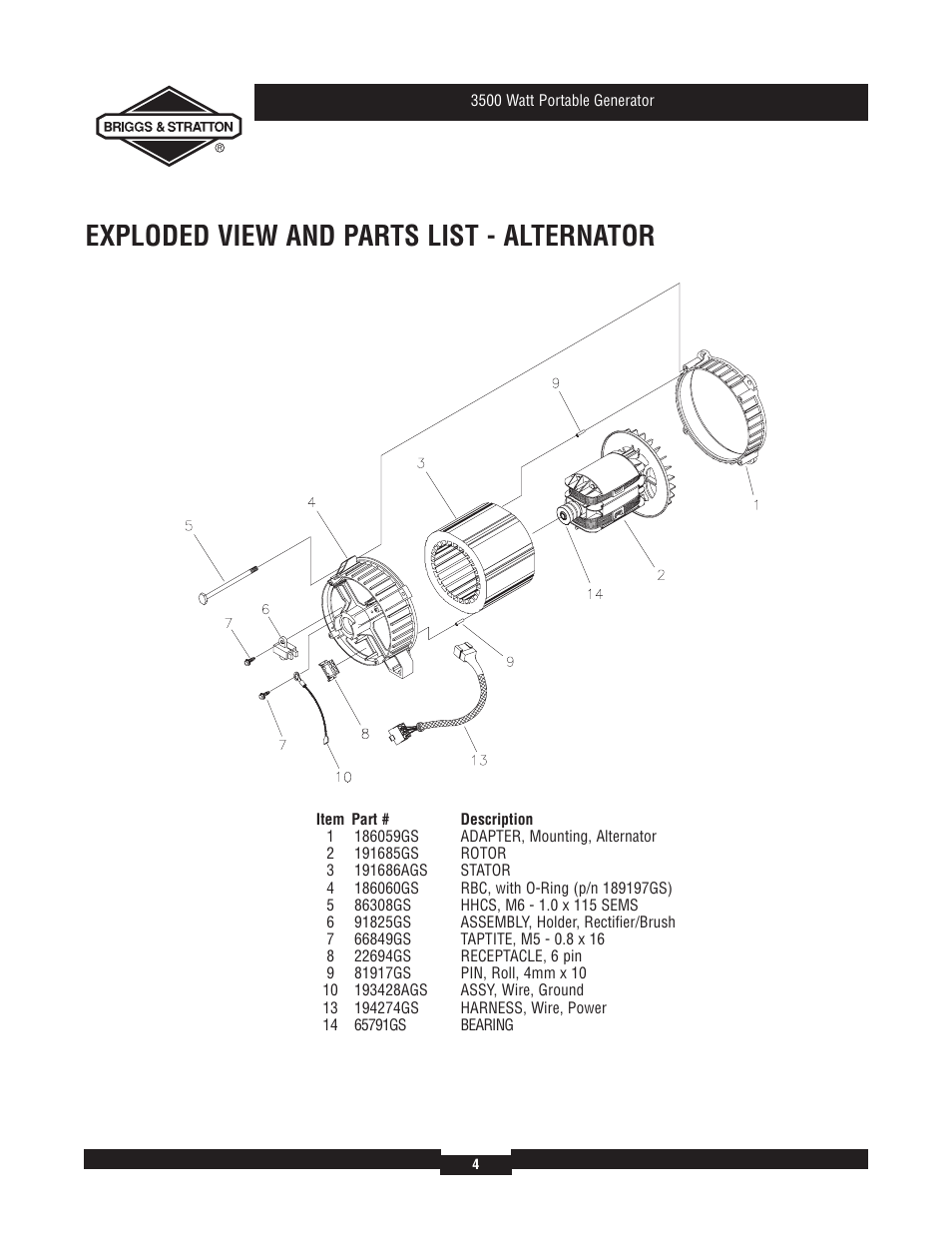 Exploded view and parts list - alternator | Briggs & Stratton 30218 User Manual | Page 4 / 5