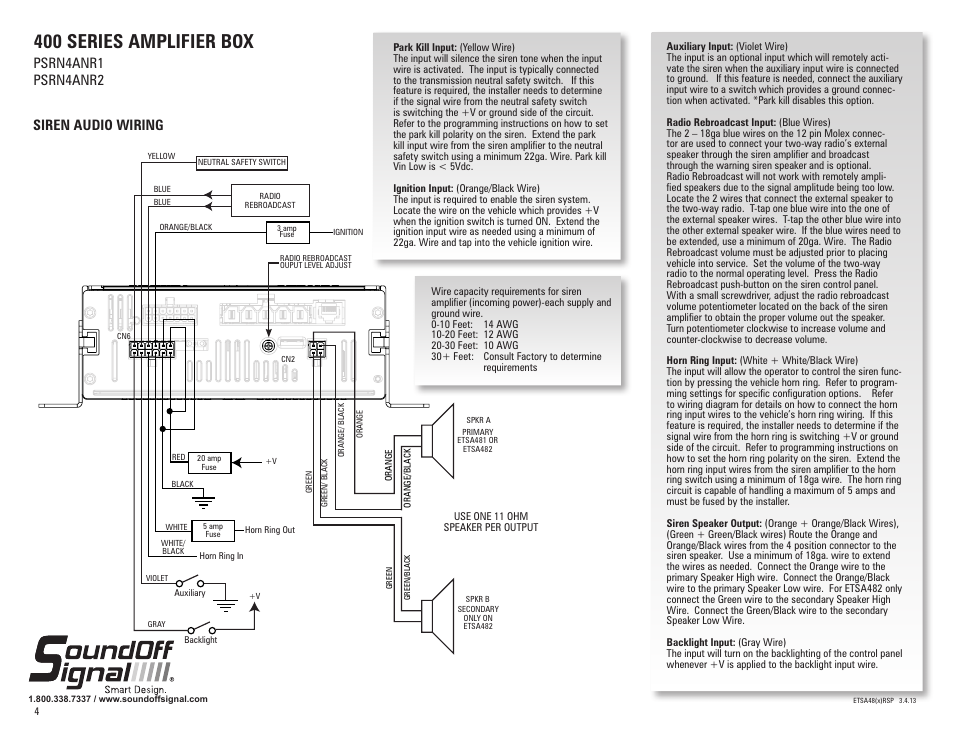 400 series amplifier box, Siren audio wiring, Psrn4anr1 psrn4anr2 | SoundOff Signal 400 Series Remote Amp Box User Manual | Page 2 / 7