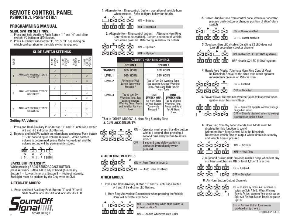 Remote control panel, Psrnctrl1, psrn4ctrl1 programming manual | SoundOff Signal 400 Series Remote Amp Box User Manual | Page 5 / 7