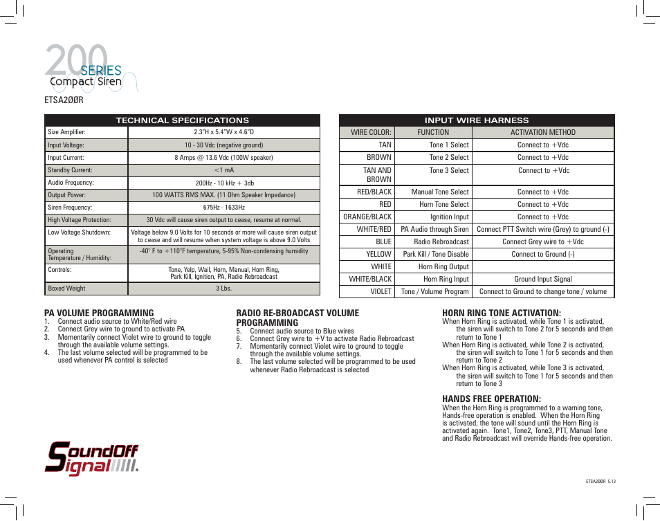 SoundOff Signal 200 Series Compact Siren User Manual | Page 2 / 5