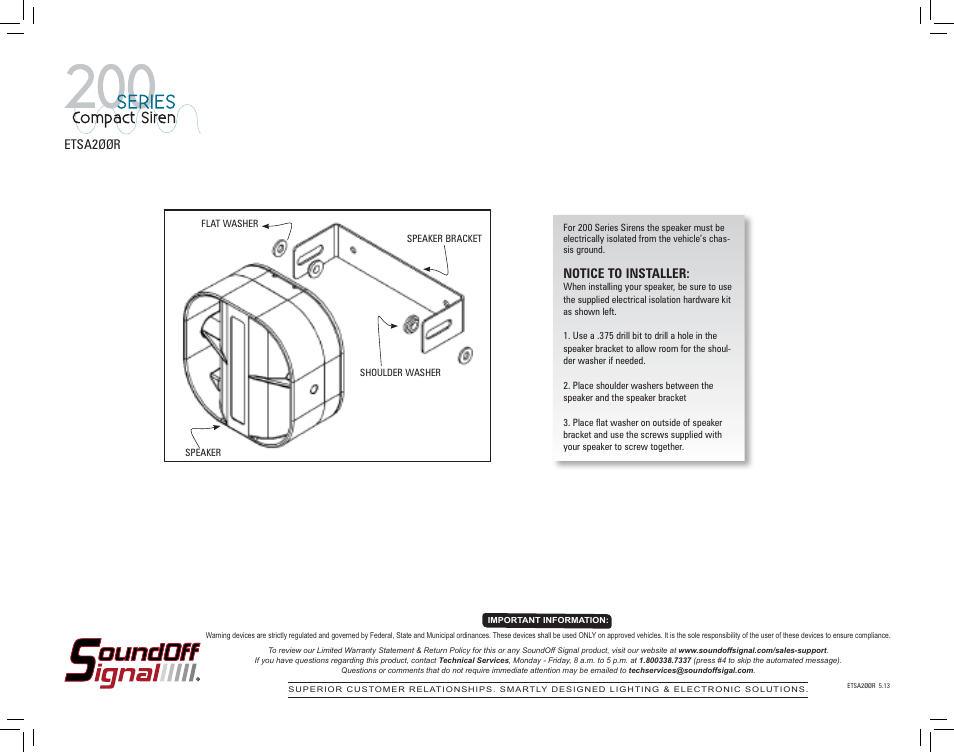 Notice to installer, Etsa2шшr | SoundOff Signal 200 Series Compact Siren User Manual | Page 5 / 5