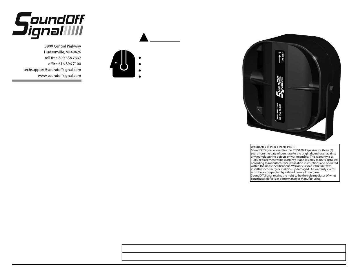 SoundOff Signal 100H Series Speaker User Manual | 1 page