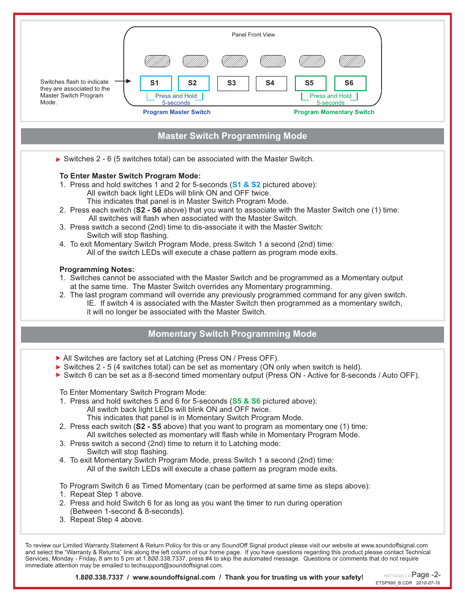 Master switch programming mode, Momentary switch programming mode | SoundOff Signal INTELLIswitch990 60 Amp Digital Switch User Manual | Page 2 / 2