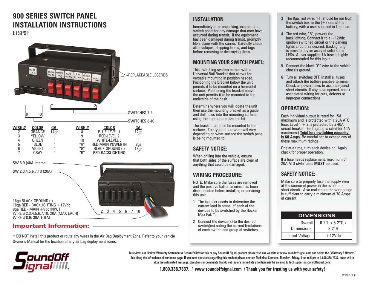 SoundOff Signal 900 Series 9 Function Switch User Manual | 2 pages