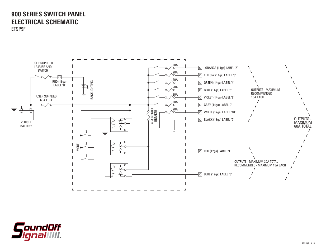 900 series switch panel electrical schematic, Etsp9f | SoundOff Signal 900 Series 9 Function Switch User Manual | Page 2 / 2