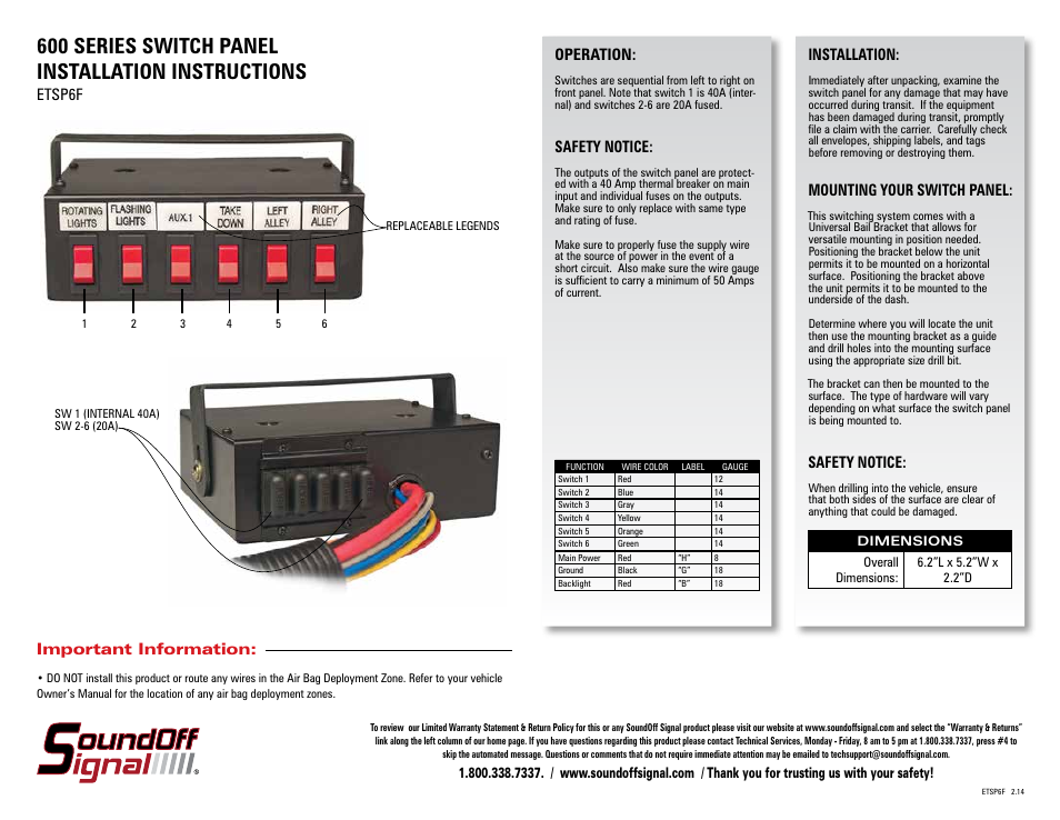 SoundOff Signal 600 Series 6 Function Switch User Manual | 1 page