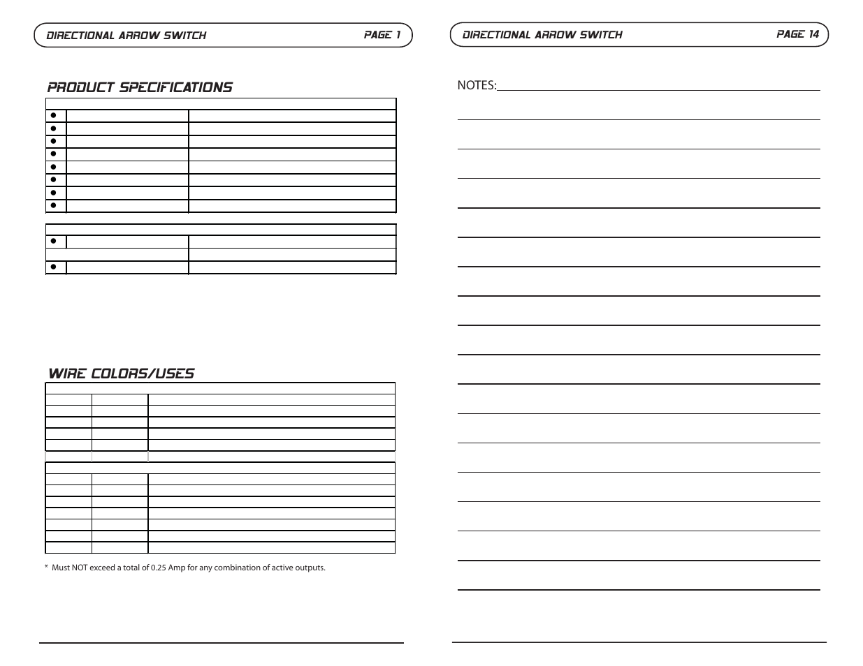 Product specifications, Wire colors/uses, Directional arrow switch page 1 | Directional arrow switch page 14 | SoundOff Signal Directional Arrow Switch User Manual | Page 2 / 8