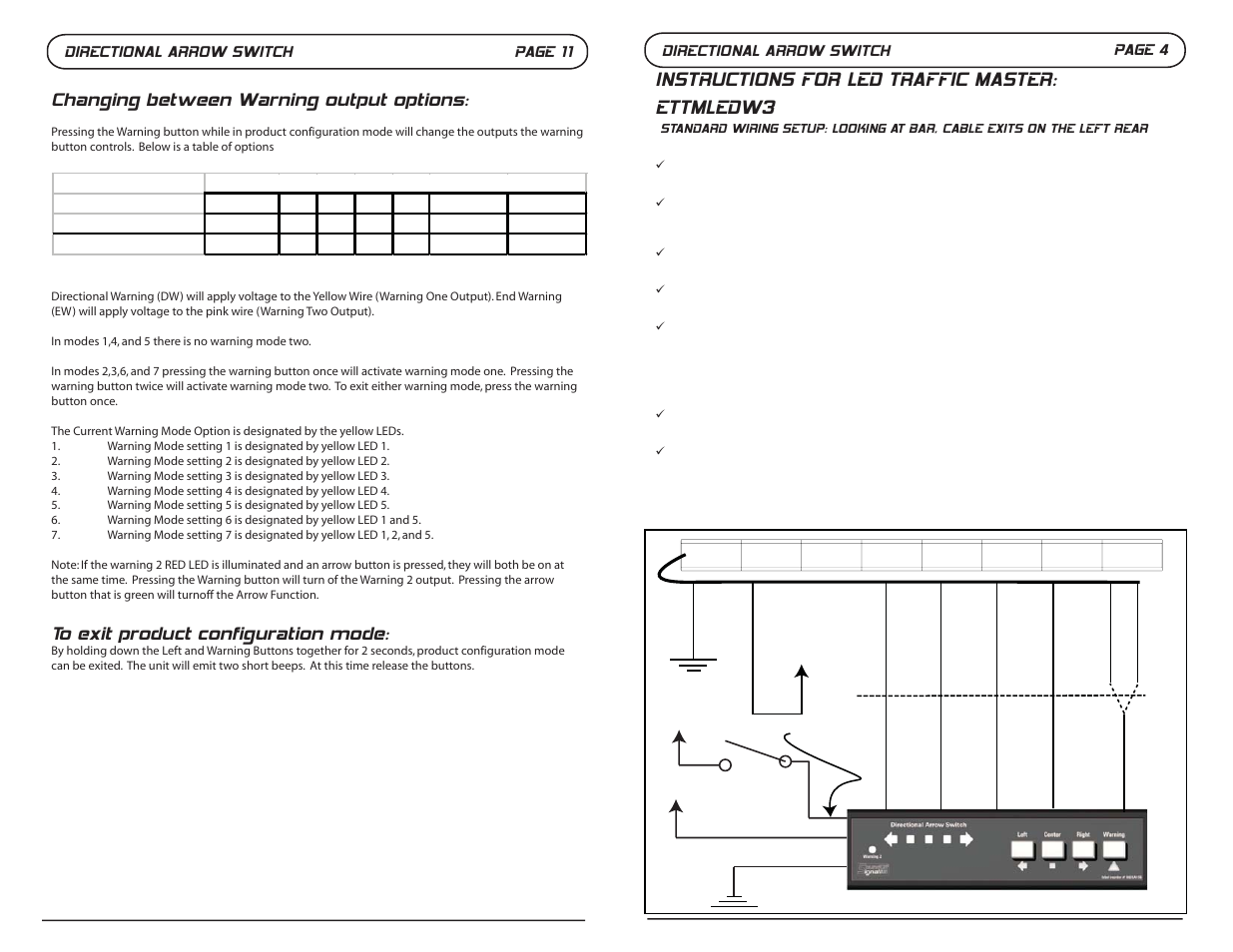 Instructions for led traffic master: ettmledw3, Changing between warning output options, Directional arrow switch page 4 | Directional arrow switch page 11 | SoundOff Signal Directional Arrow Switch User Manual | Page 5 / 8