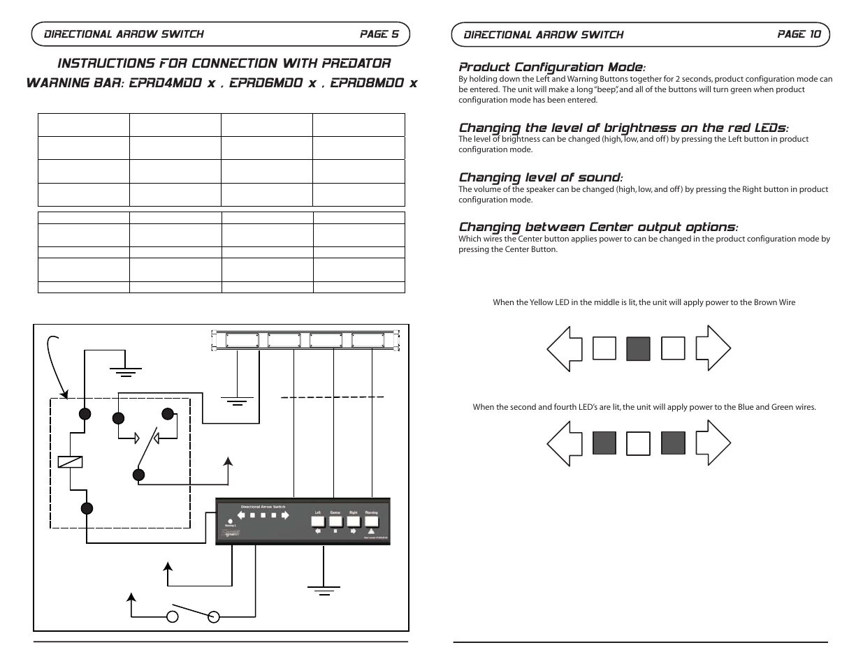 Product configuration mode, Changing the level of brightness on the red leds, Changing level of sound | Changing between center output options | SoundOff Signal Directional Arrow Switch User Manual | Page 6 / 8