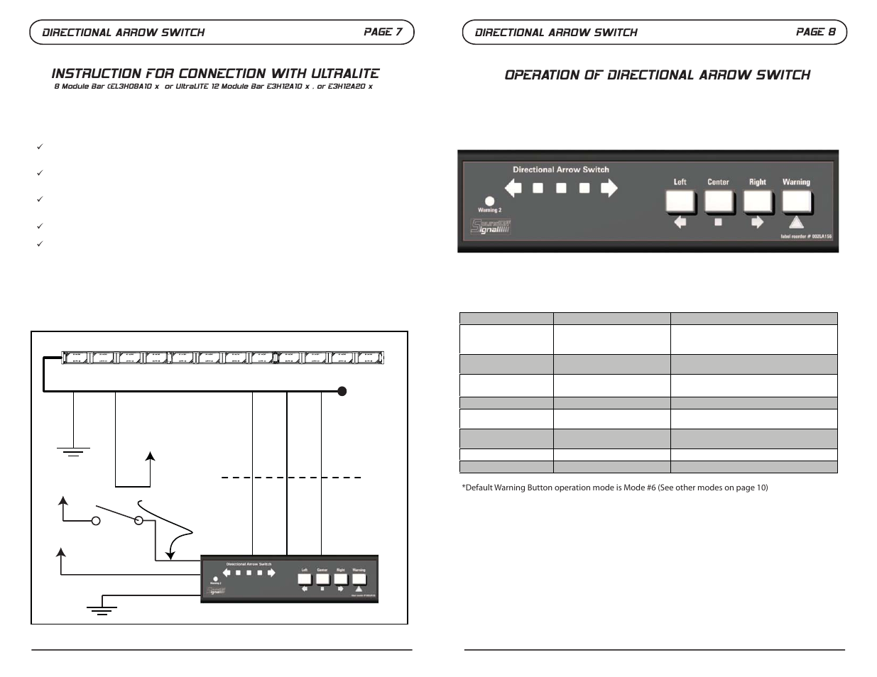 Operation of directional arrow switch, Instruction for connection with ultralite | SoundOff Signal Directional Arrow Switch User Manual | Page 8 / 8