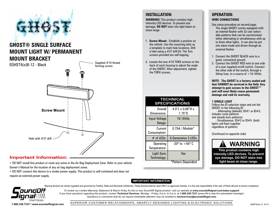 SoundOff Signal GHOST Surface Mount w Permanent Mount Bracket User Manual | 2 pages