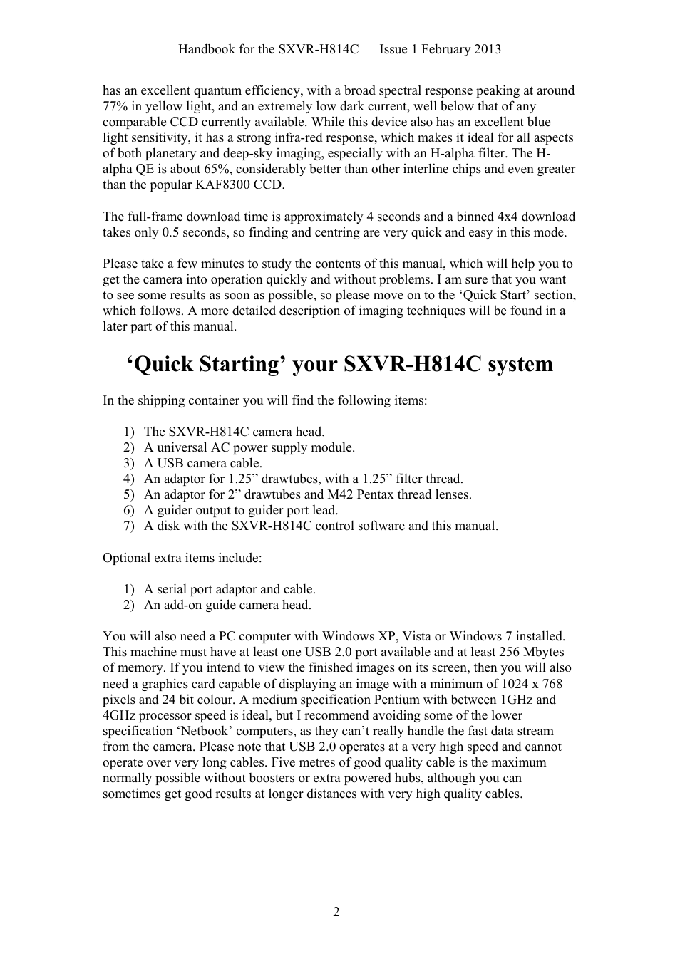 Quick starting’ your sxvr-h814c system | Starlight Xpress SXVR-H814C User Manual | Page 2 / 32