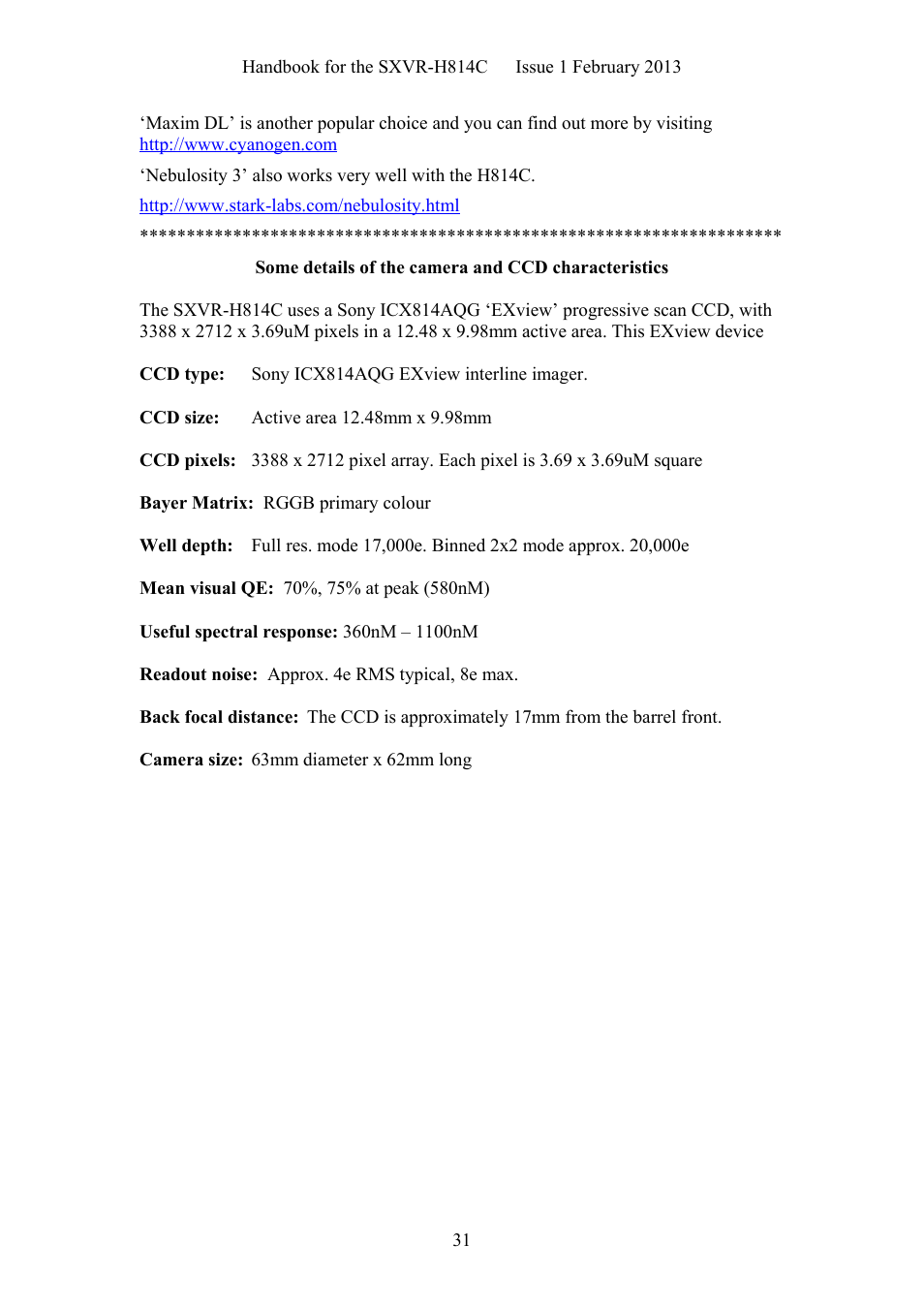 Some details of the camera and ccd characteristics | Starlight Xpress SXVR-H814C User Manual | Page 31 / 32