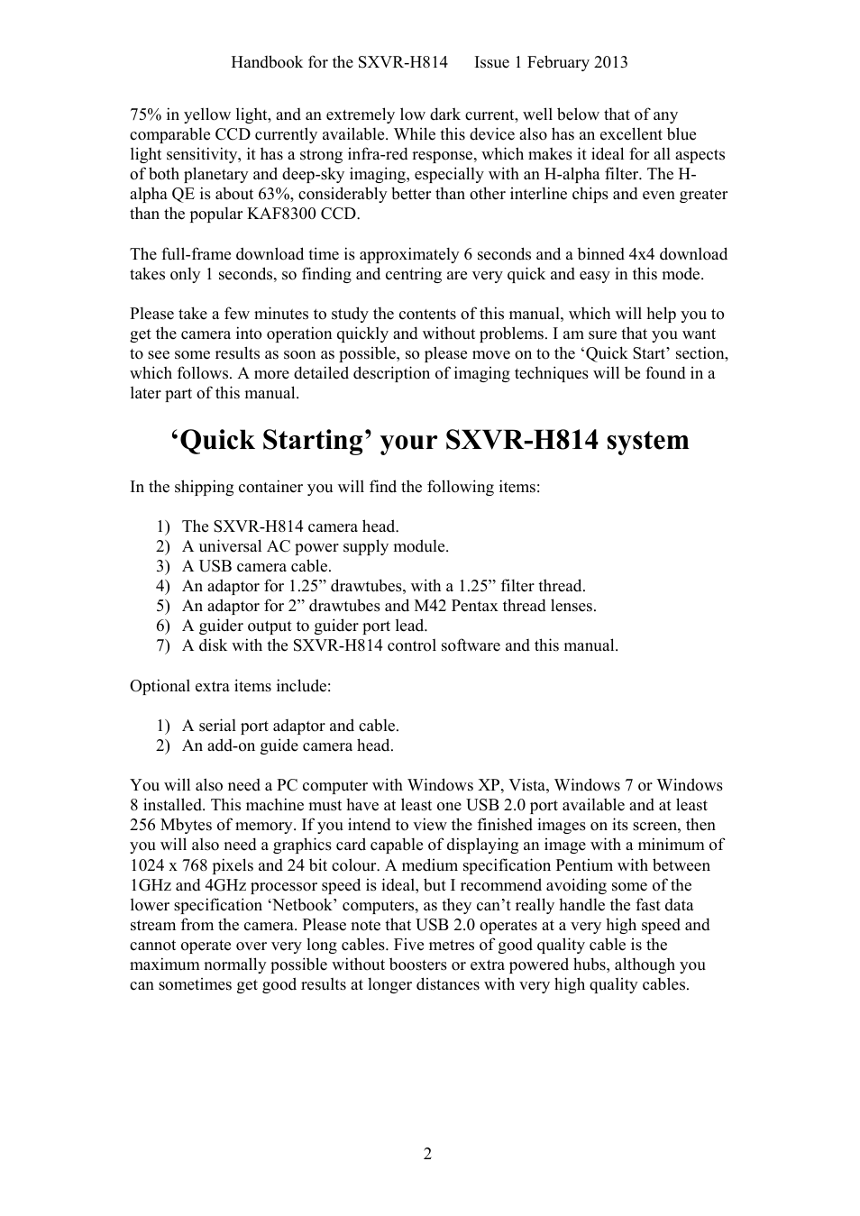 Quick starting’ your sxvr-h814 system | Starlight Xpress SXVR-H814 User Manual | Page 2 / 28