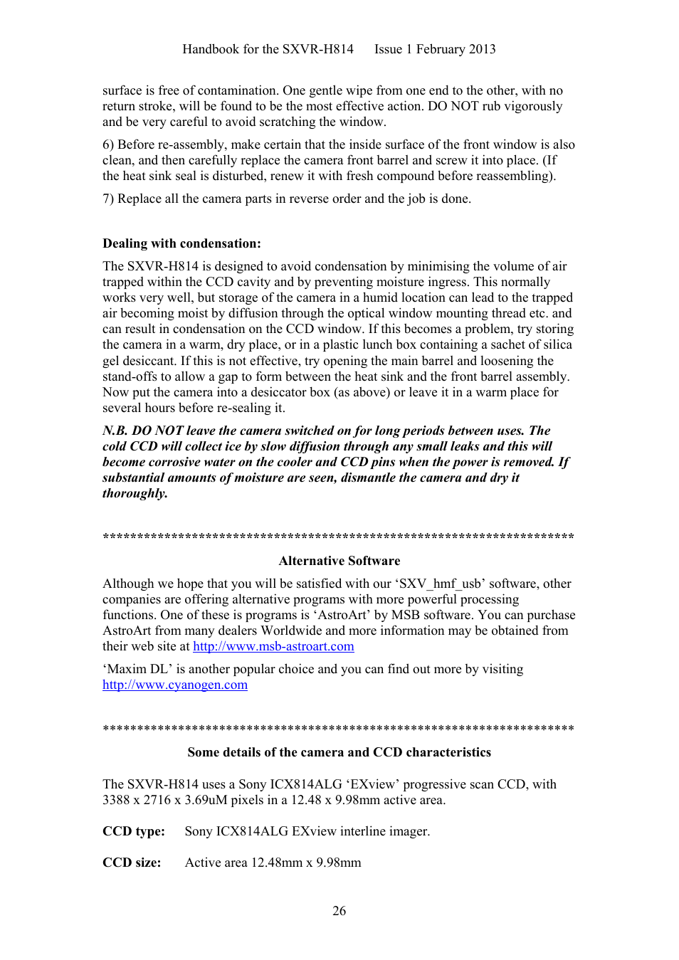 Alternative software, Some details of the camera and ccd characteristics | Starlight Xpress SXVR-H814 User Manual | Page 26 / 28