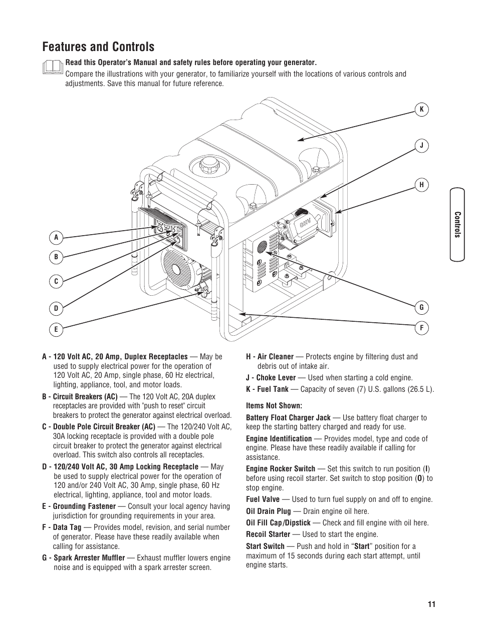 Features and controls | Briggs & Stratton 8000 Watt Portable Generator User Manual | Page 11 / 56