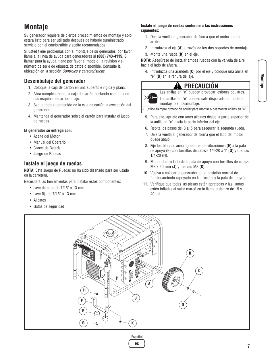 Montaje, Precaución, Desembalaje del generador | Instale el juego de ruedas | Briggs & Stratton 8000 Watt Portable Generator User Manual | Page 35 / 56