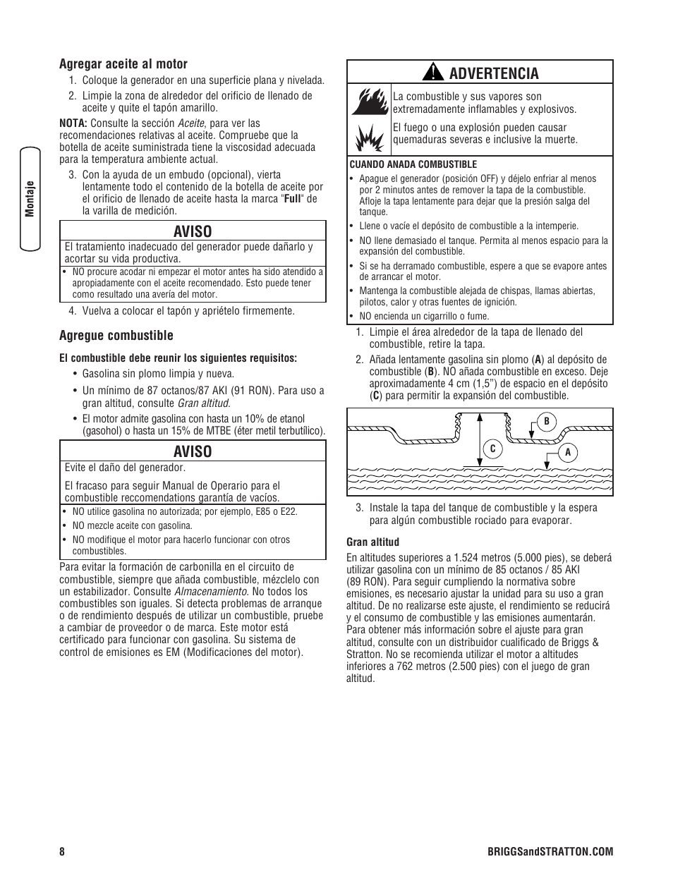 Aviso, Advertencia | Briggs & Stratton 8000 Watt Portable Generator User Manual | Page 36 / 56