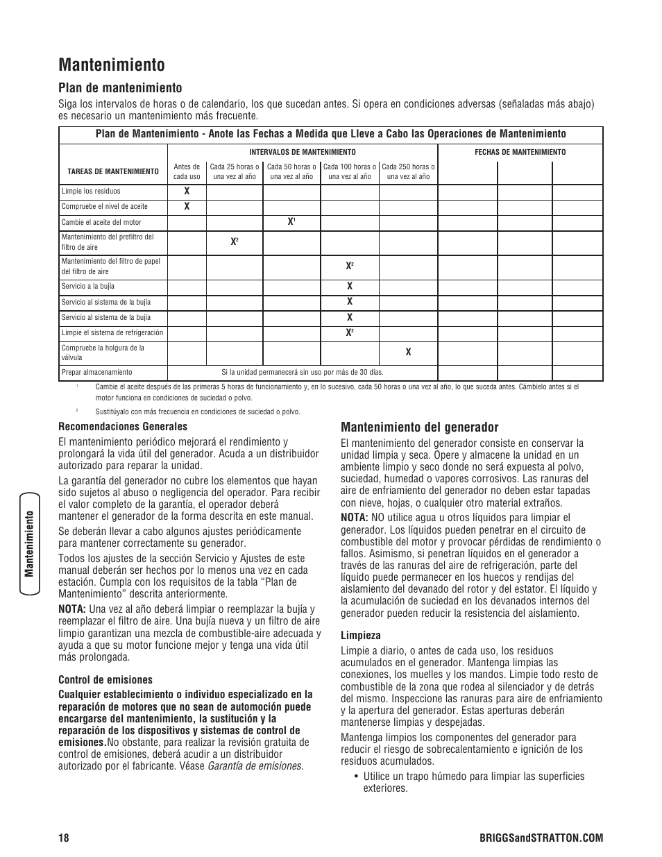 Mantenimiento, Mantenimiento del generador, Plan de mantenimiento | Briggs & Stratton 8000 Watt Portable Generator User Manual | Page 46 / 56
