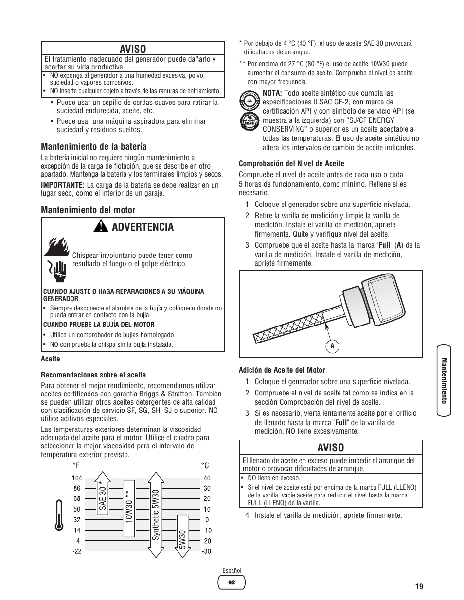 Aviso, Advertencia | Briggs & Stratton 8000 Watt Portable Generator User Manual | Page 47 / 56
