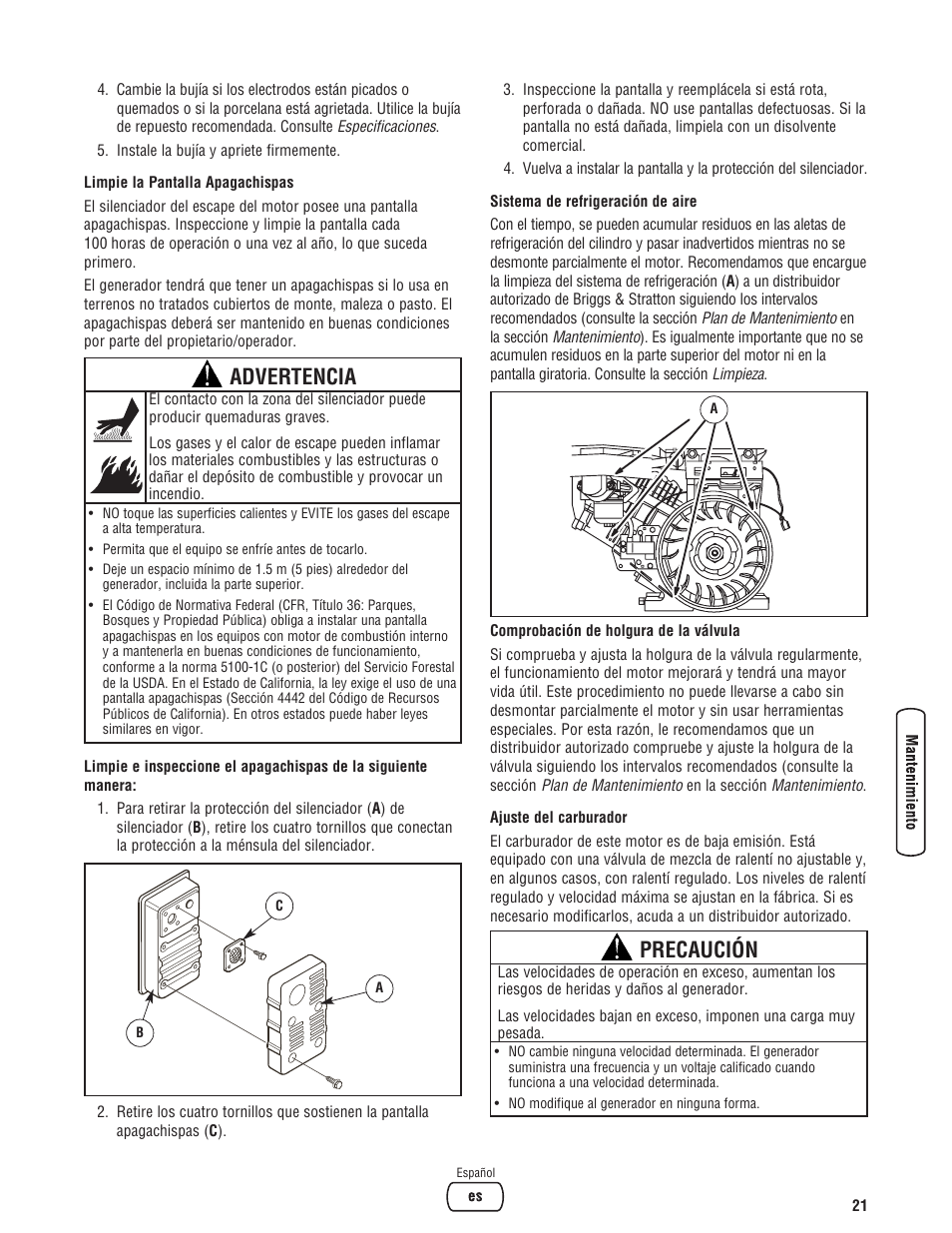 Advertencia, Precaución | Briggs & Stratton 8000 Watt Portable Generator User Manual | Page 49 / 56