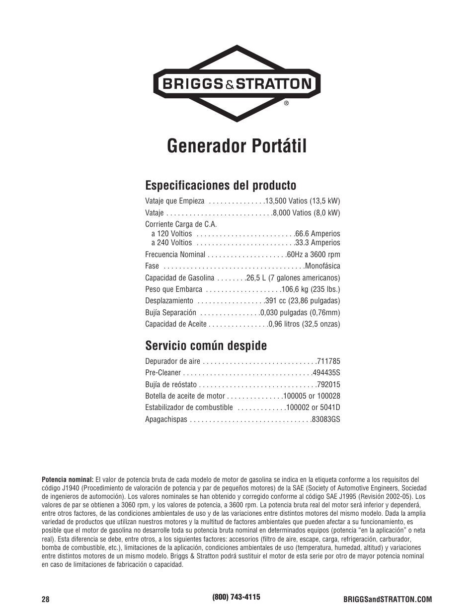 Generador portátil, Especificaciones del producto, Servicio común despide | Briggs & Stratton 8000 Watt Portable Generator User Manual | Page 56 / 56