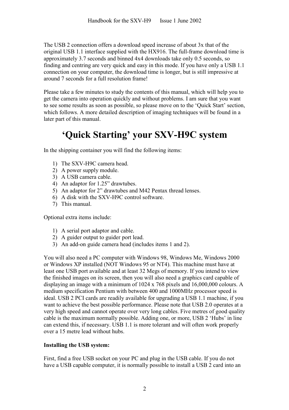 Quick starting’ your sxv-h9c system | Starlight Xpress SXV-H9C User Manual | Page 2 / 32