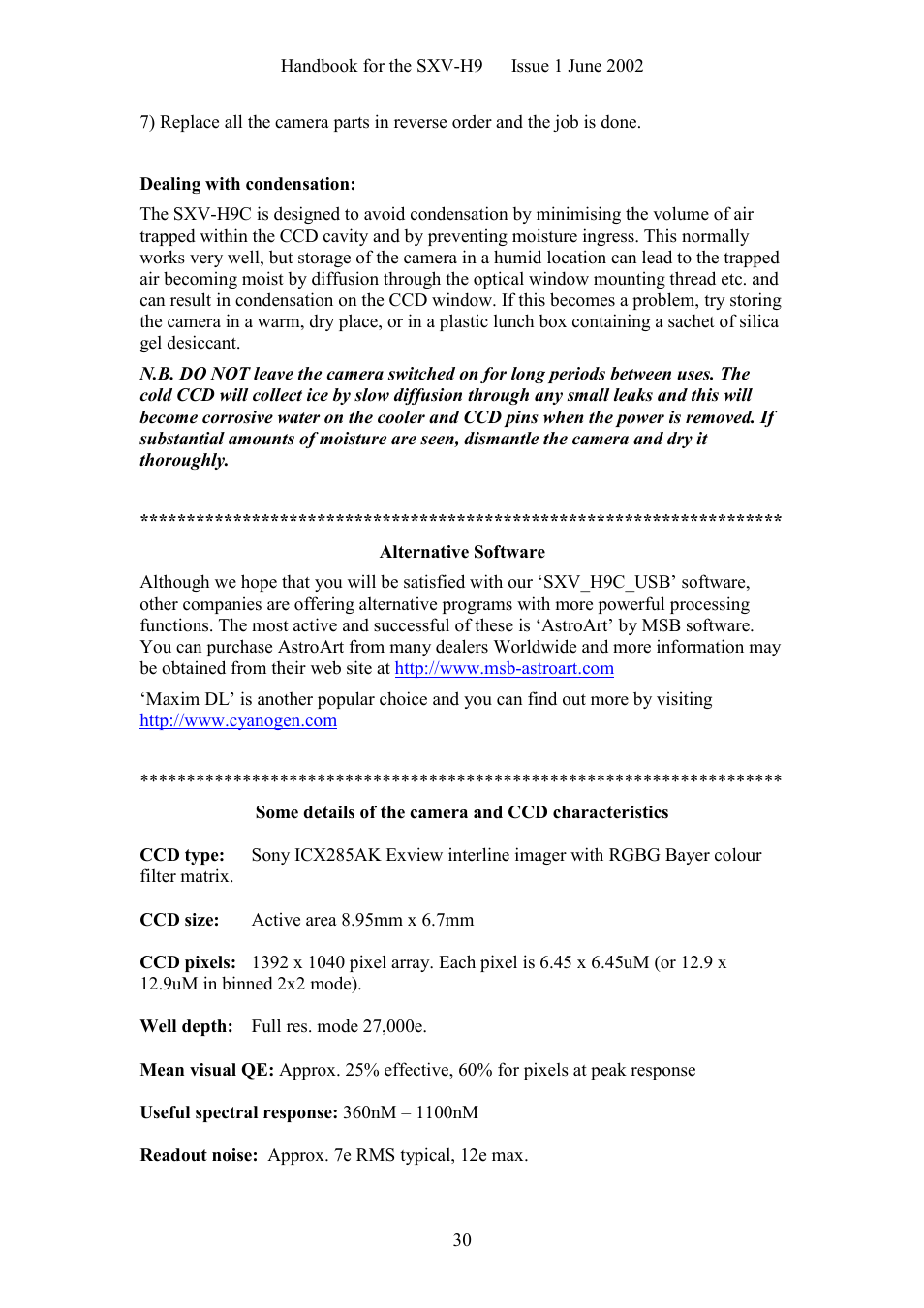 Alternative software, Some details of the camera and ccd characteristics | Starlight Xpress SXV-H9C User Manual | Page 30 / 32