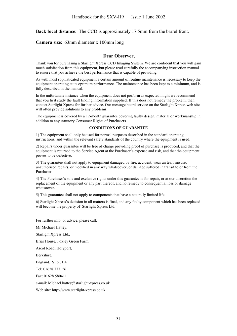 Starlight Xpress SXV-H9C User Manual | Page 31 / 32