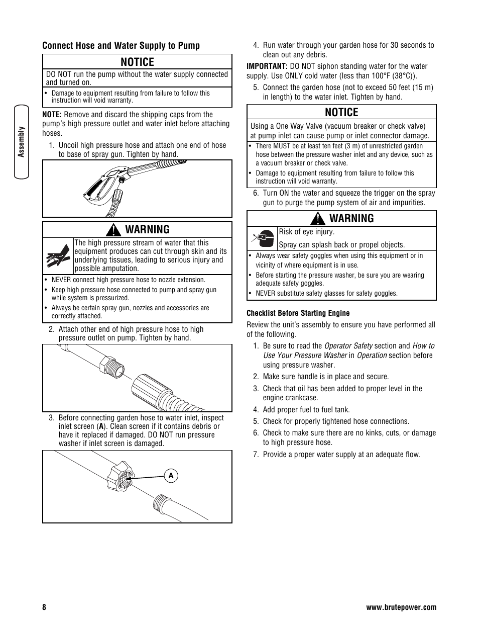 Connect hose and water supply to pump, Notice, Warning | Briggs & Stratton BRUTE 2500 PSI User Manual | Page 10 / 56