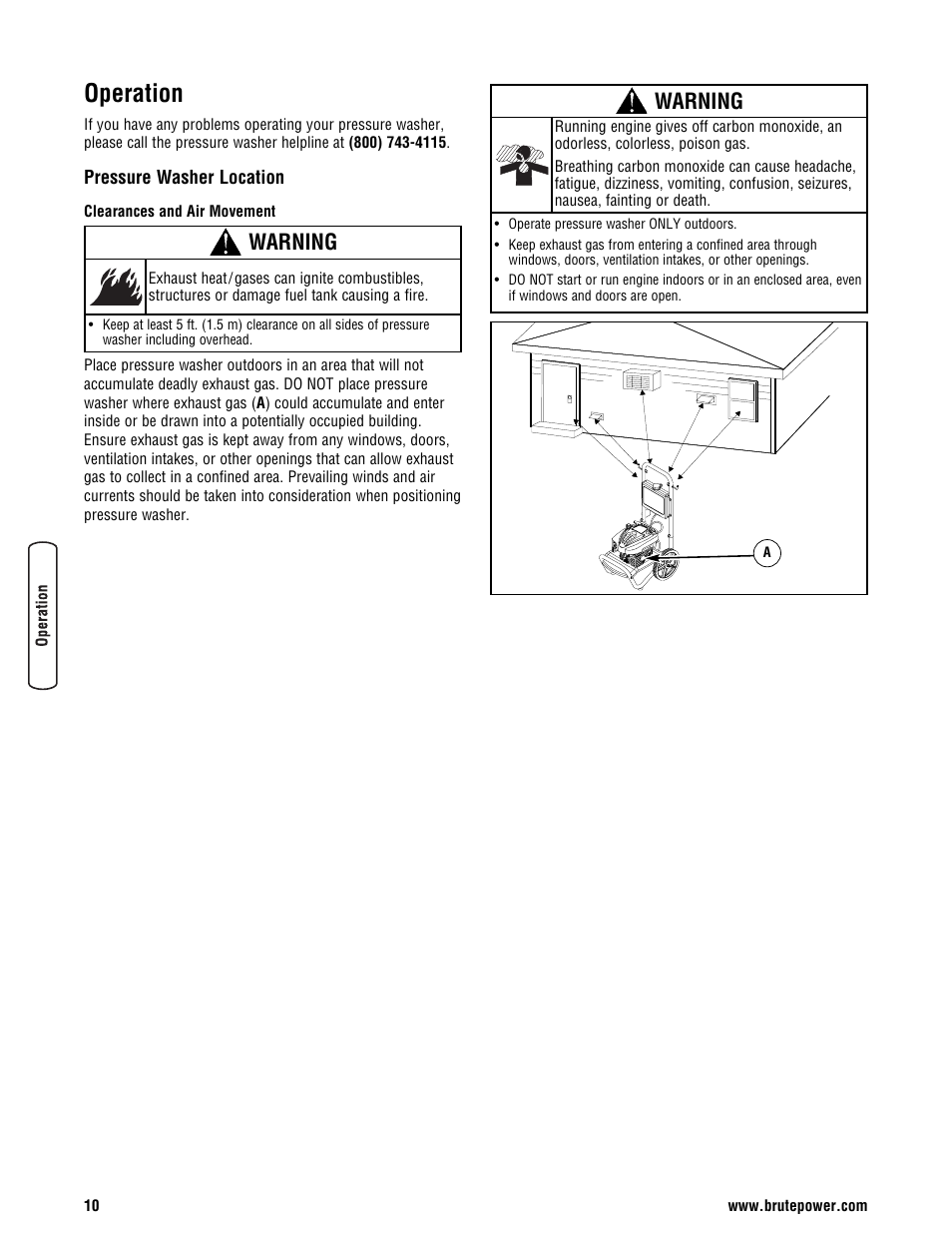 Operation, Pressure washer location, Warning | Briggs & Stratton BRUTE 2500 PSI User Manual | Page 12 / 56