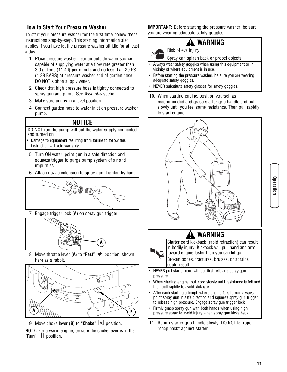 How to start your pressure washer, Notice, Warning | Briggs & Stratton BRUTE 2500 PSI User Manual | Page 13 / 56
