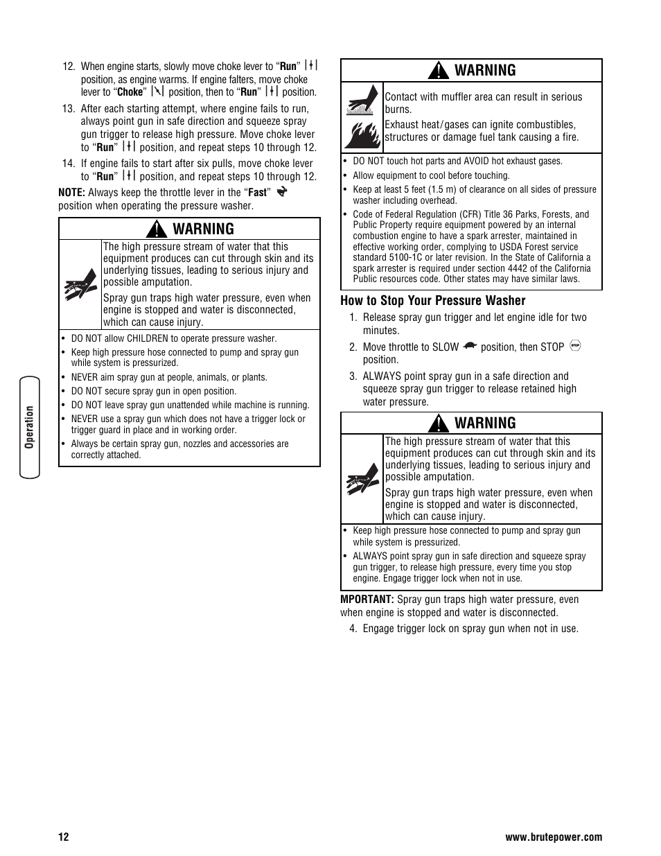 How to stop your pressure washer, Warning | Briggs & Stratton BRUTE 2500 PSI User Manual | Page 14 / 56