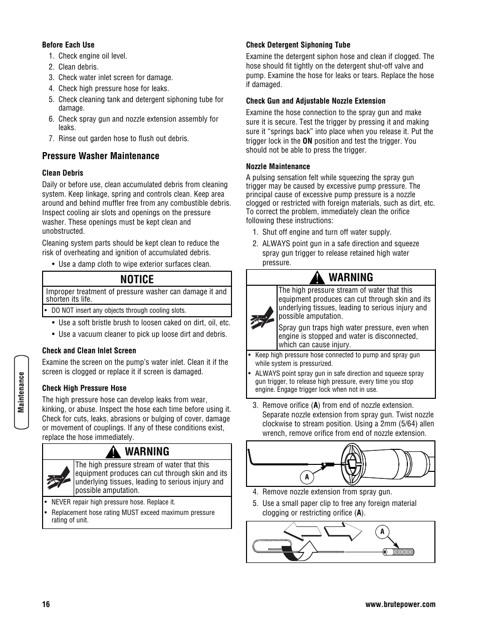 Pressure washer maintenance, Notice, Warning | Briggs & Stratton BRUTE 2500 PSI User Manual | Page 18 / 56