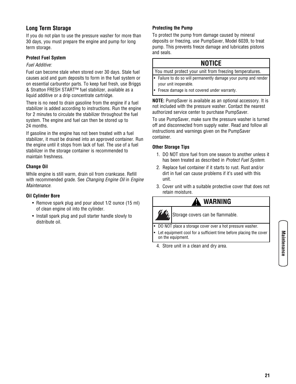 Long term storage, Notice, Warning | Briggs & Stratton BRUTE 2500 PSI User Manual | Page 23 / 56