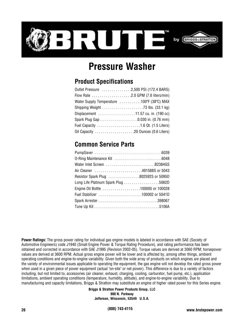 Pressure washer, Product specifications, Common service parts | Briggs & Stratton BRUTE 2500 PSI User Manual | Page 28 / 56