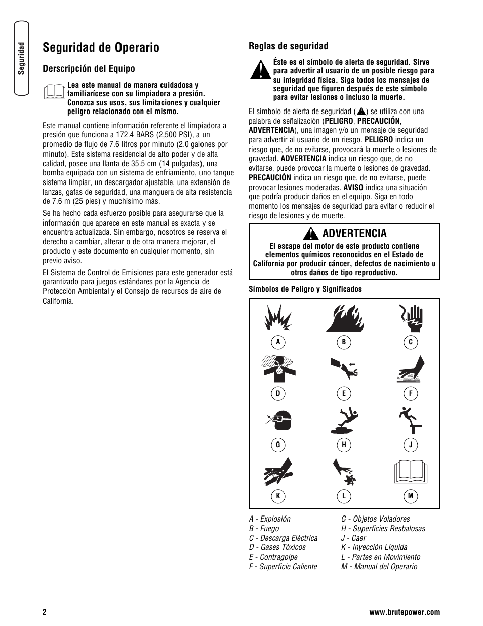 Seguridad de operario, Advertencia | Briggs & Stratton BRUTE 2500 PSI User Manual | Page 32 / 56
