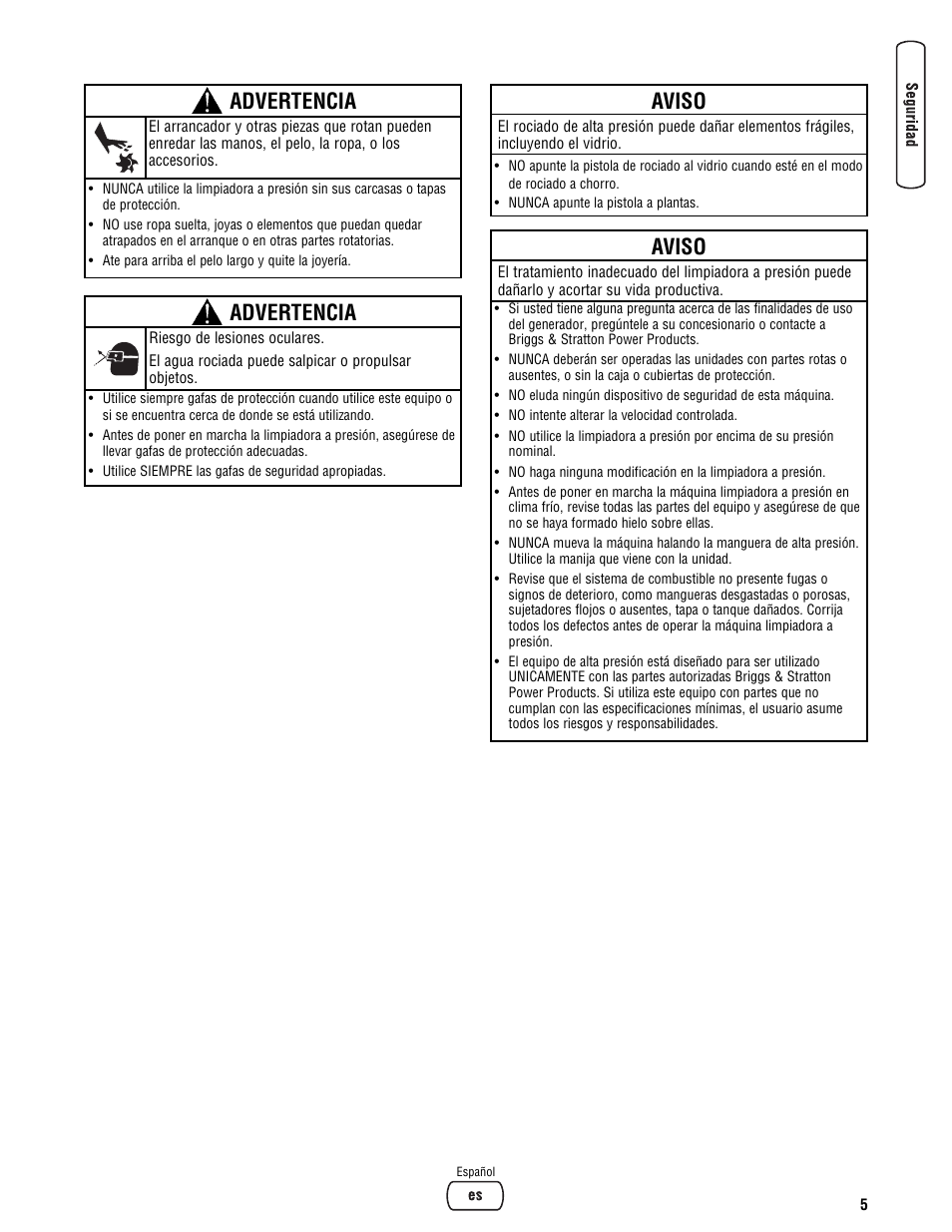 Aviso, Advertencia | Briggs & Stratton BRUTE 2500 PSI User Manual | Page 35 / 56