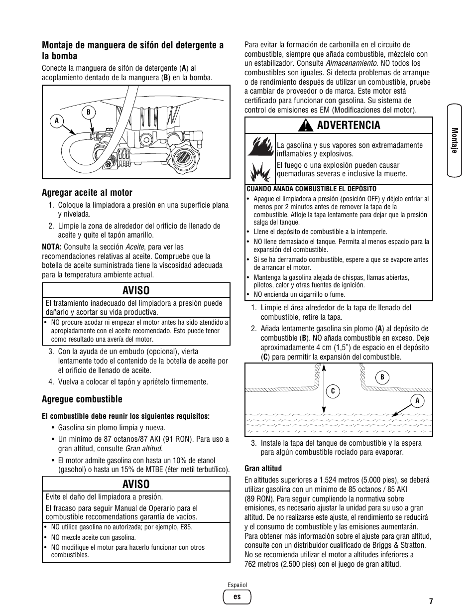 Aviso, Advertencia | Briggs & Stratton BRUTE 2500 PSI User Manual | Page 37 / 56