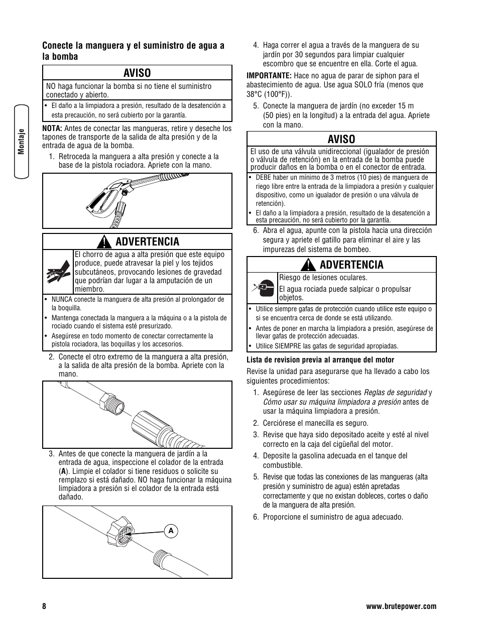 Aviso, Advertencia | Briggs & Stratton BRUTE 2500 PSI User Manual | Page 38 / 56