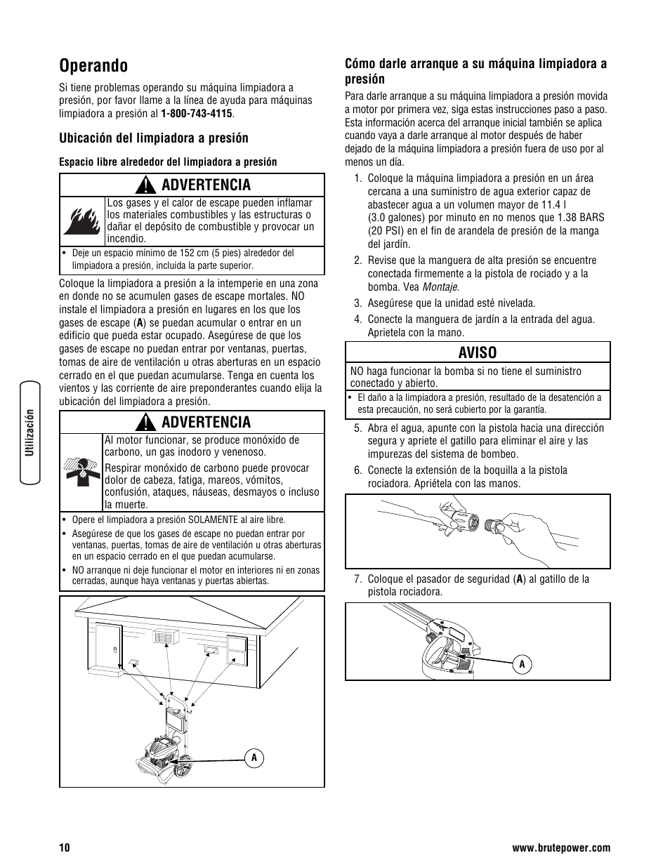 Operando, Advertencia, Aviso | Briggs & Stratton BRUTE 2500 PSI User Manual | Page 40 / 56