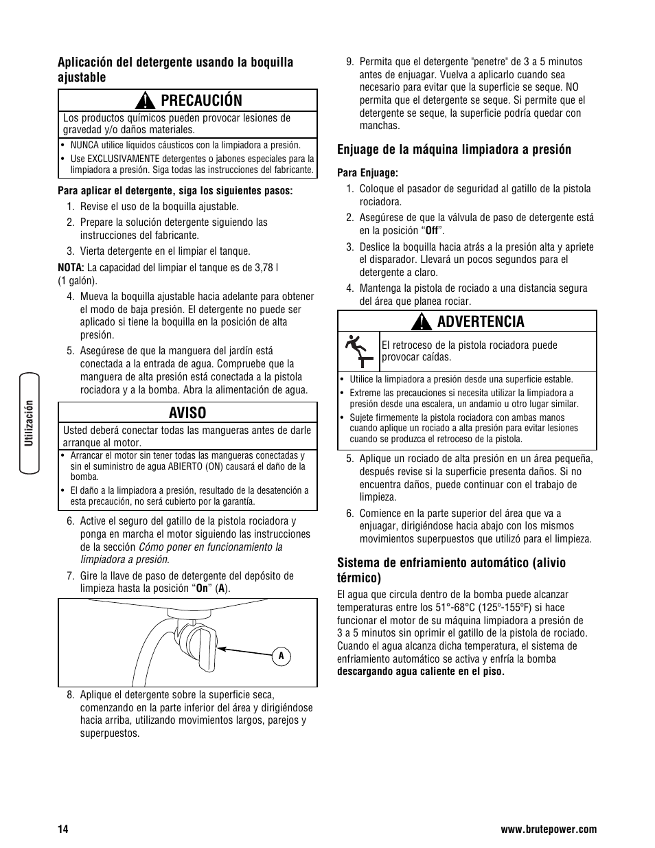 Precaución, Aviso, Advertencia | Briggs & Stratton BRUTE 2500 PSI User Manual | Page 44 / 56