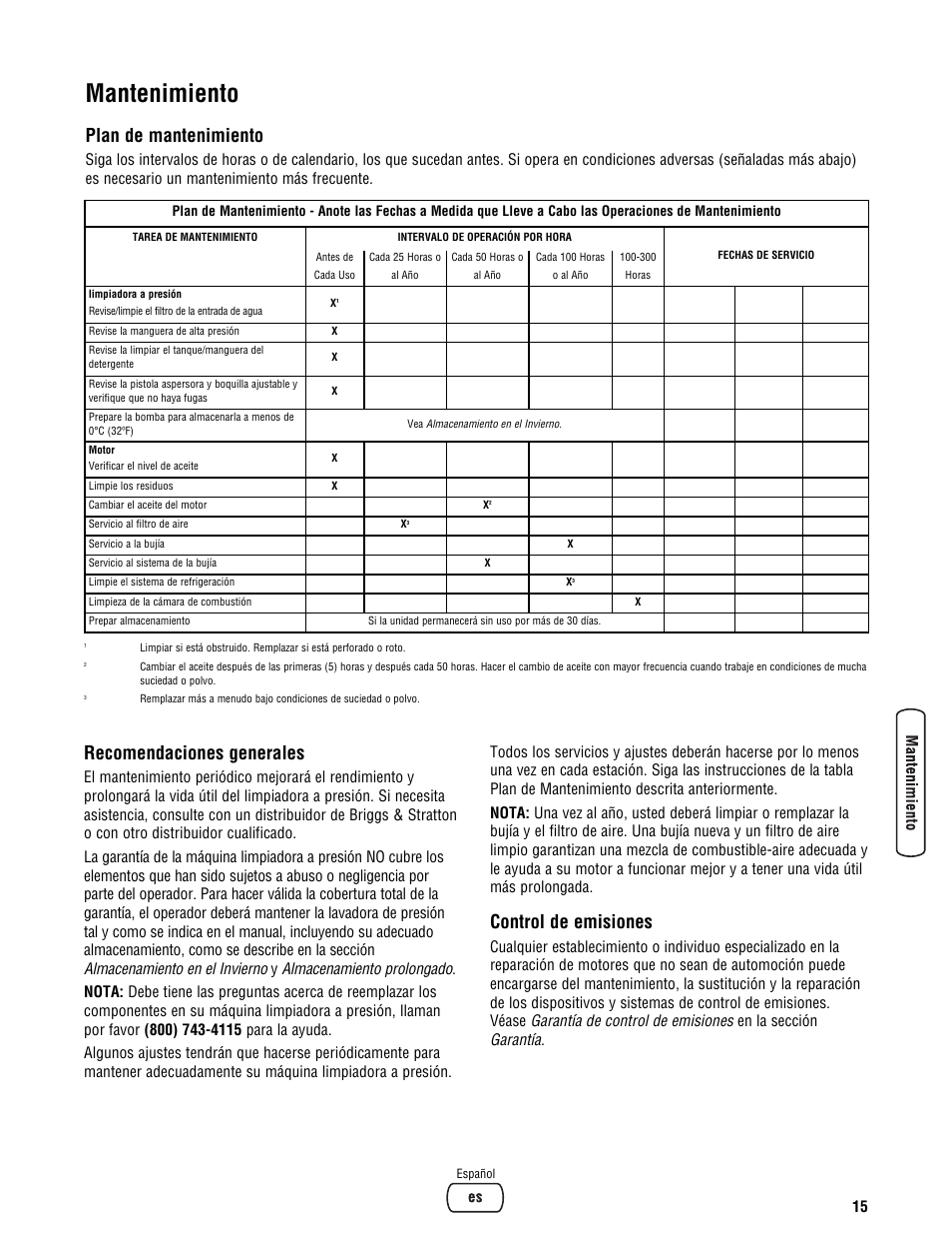 Mantenimiento, Recomendaciones generales, Control de emisiones | Plan de mantenimiento | Briggs & Stratton BRUTE 2500 PSI User Manual | Page 45 / 56