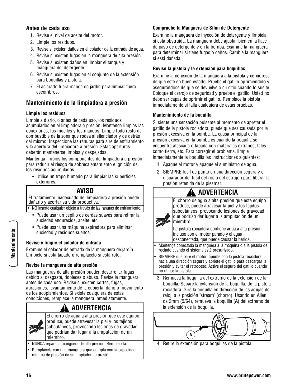 Aviso, Advertencia | Briggs & Stratton BRUTE 2500 PSI User Manual | Page 46 / 56