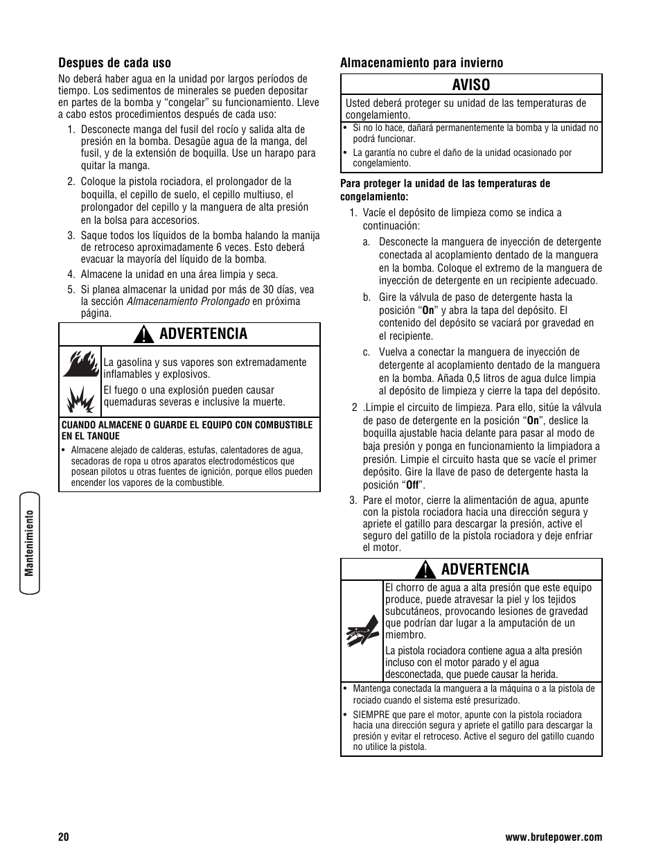 Advertencia, Aviso | Briggs & Stratton BRUTE 2500 PSI User Manual | Page 50 / 56