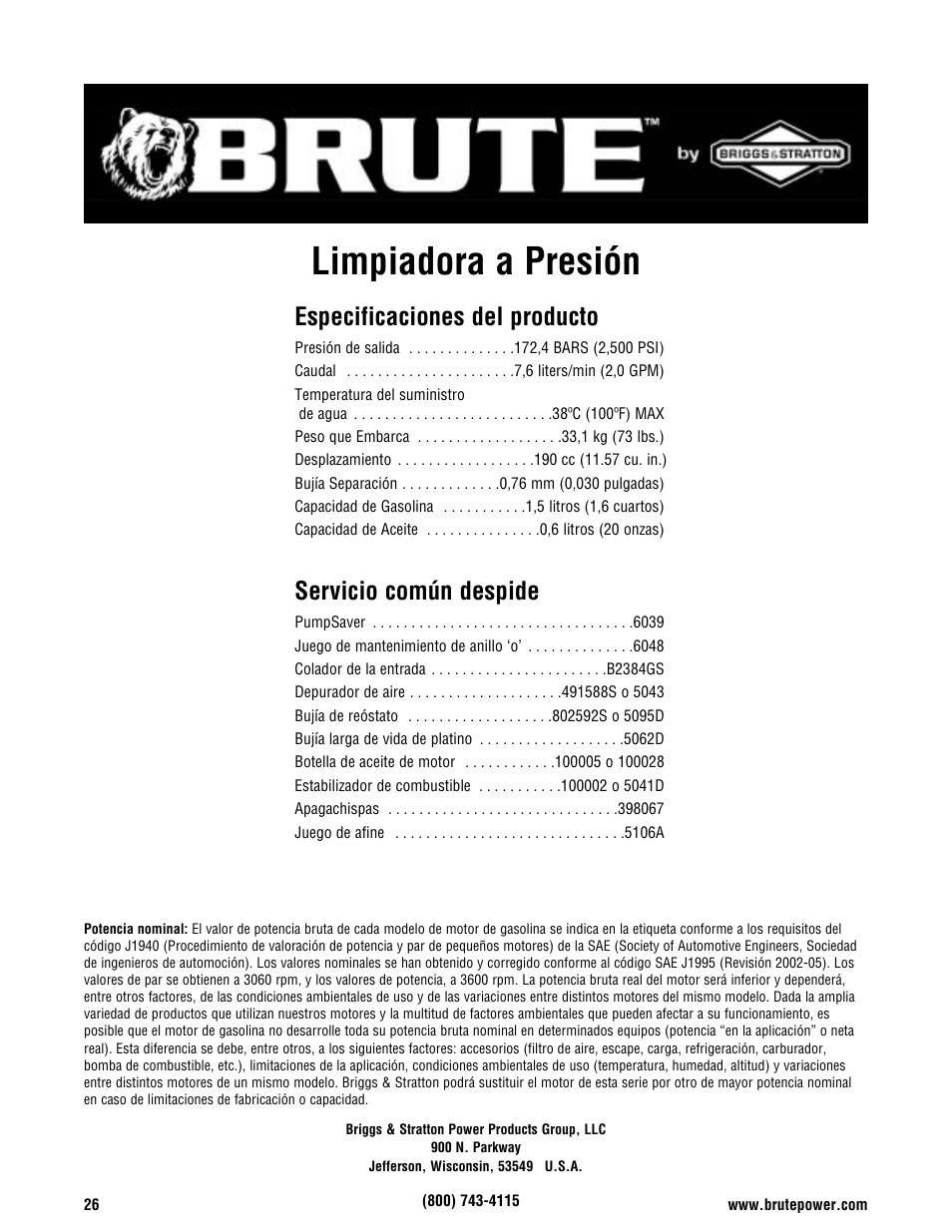 Limpiadora a presión, Especificaciones del producto, Servicio común despide | Briggs & Stratton BRUTE 2500 PSI User Manual | Page 56 / 56