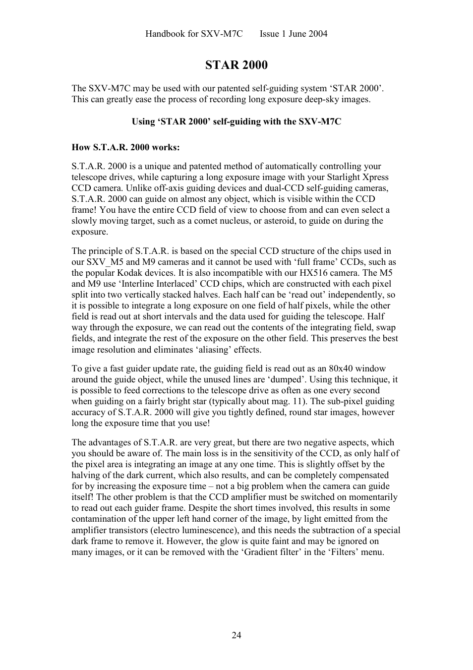 Star 2000, Using ‘star 2000’ self-guiding with the sxv-m7c | Starlight Xpress SXV-M7C User Manual | Page 24 / 35